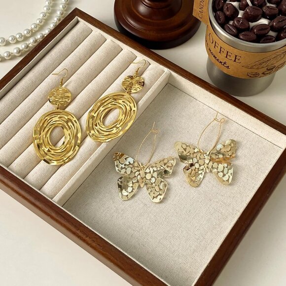 Big Gold Hollow Out Boho Geometric Hook Statement Gold Butterfly Dangle Earrings - Picture 7 of 8